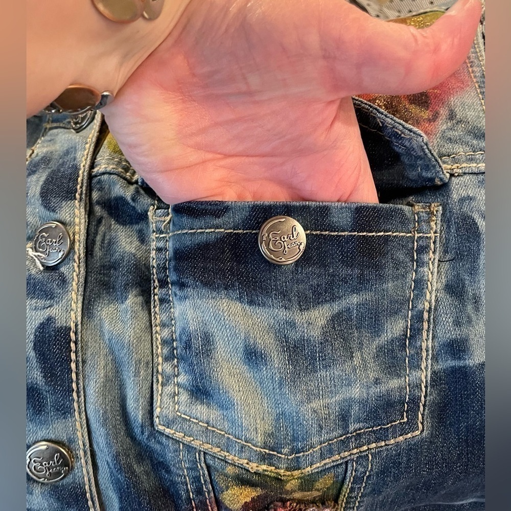 🎨 AIRBRUSHED GLITTER DECORATED ART Earl Jean Vest XL Boho Possibly Upcycled 90s - Picture 7 of 16